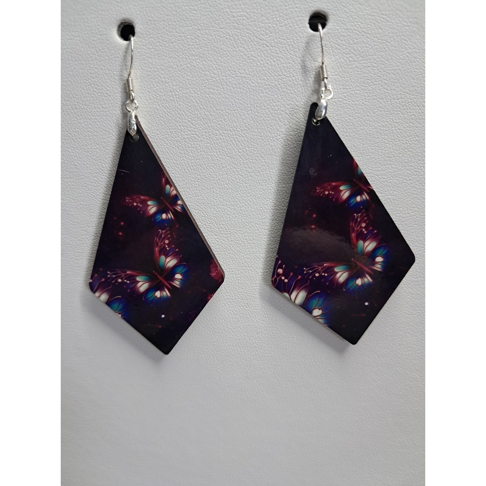 Handmade Wooden Butterfly Kite Drop Earrings Blue Pink Cosmic Nature Jewelry